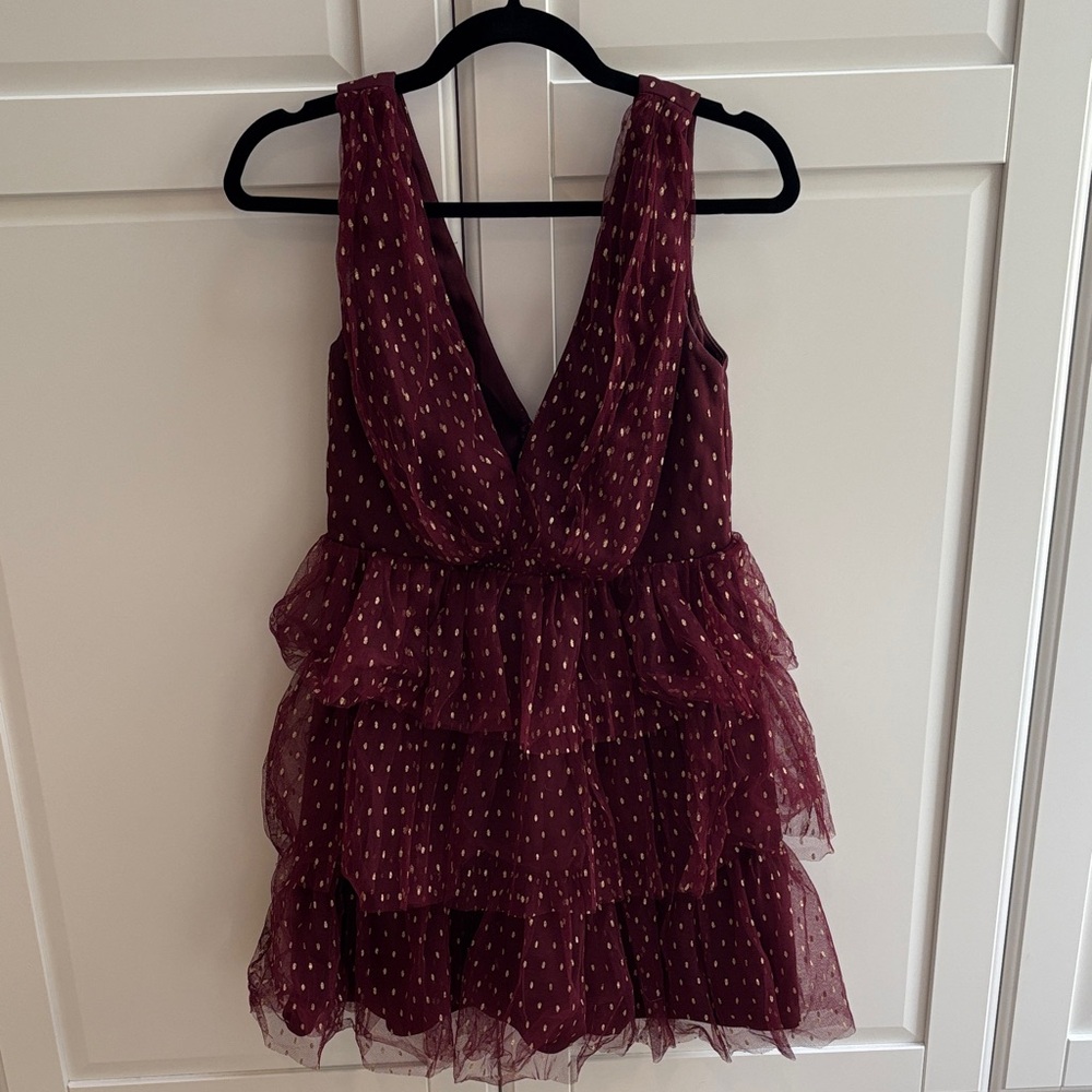 Lulu's Maroon and Gold Polka Dot Dress